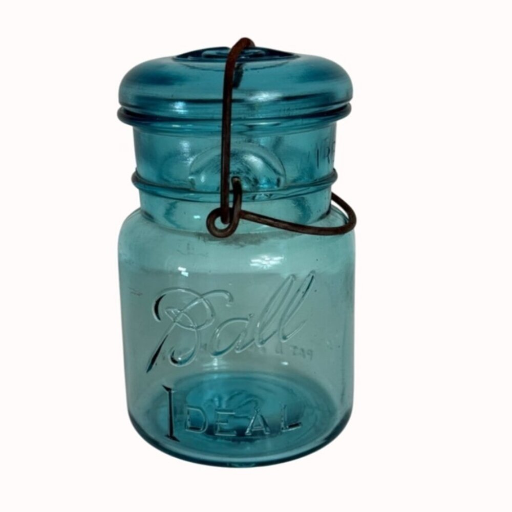 Antique Ball Ideal Aqua Blue Glass Jar Lid Metal Wire Bail Closure Pint Number 1